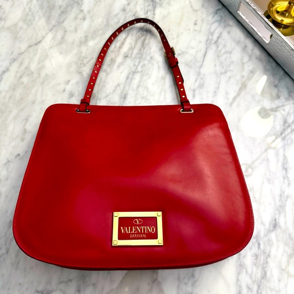 VALENTINO GARAVANI Vitello Rockstud Shoulder Satchel Red Nappa Leather Bag - Picture 5 of 16